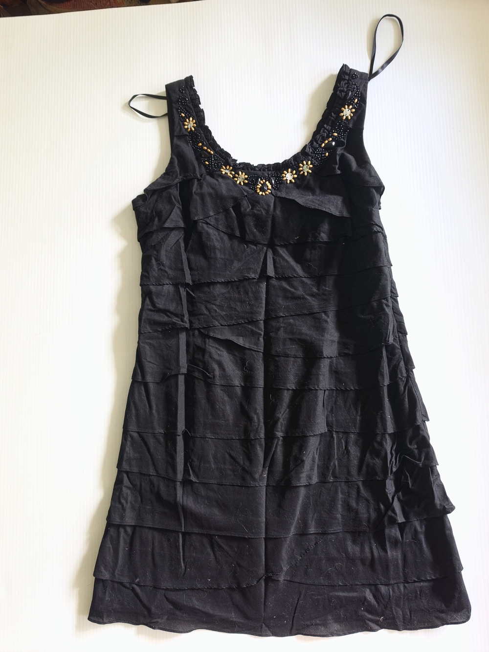 Black Beaded Scoop Neck Tiered Dress